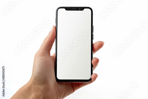 Smartphone mockup on hand with white blank screen created with Generative AI