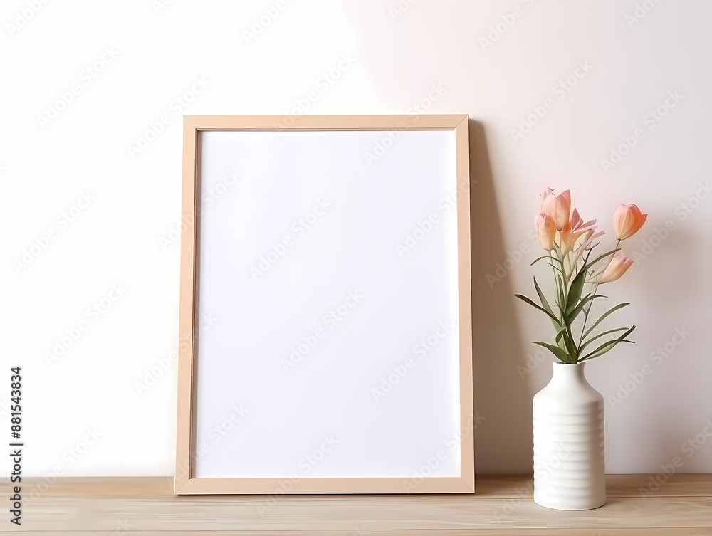 Blank white frame next to a white vase with pink flowers on a wooden surface. Blank white frame next to a white vase with pink flowers on a wooden surface.
