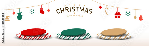 Set of Christmas base. Collection of Red, Green, Brown base tilted on  stripes pedestal with Christmas elements hanging  on white background. Stage empty for product advertising. Vector illustration.