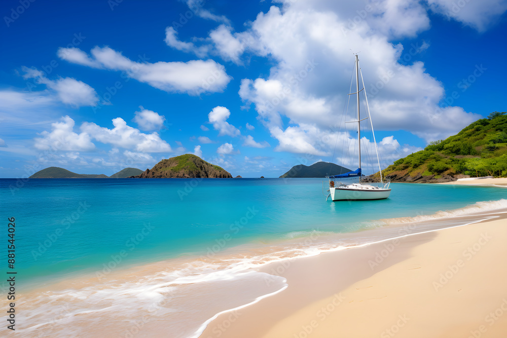 A Picturesque Day at a Serene British Virgin Islands Beach with Azure Sky, Crystalline Ocean, and Lush Vegetation A Picturesque Day at a Serene British Virgin Islands Beach with Azure Sky, Crystalline Ocean, and Lush Vegetation