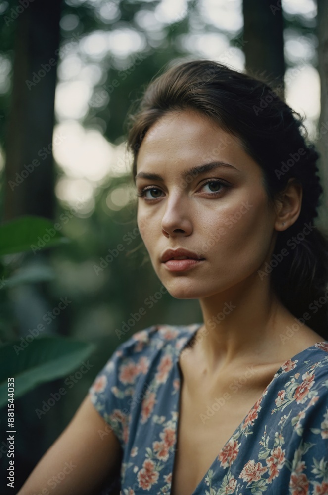 Fototapeta premium Pensive portrait of a woman wearing a floral dress, set against a lush outdoor background with soft, natural light. 