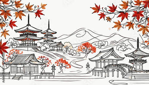 Concept of Kyoto in Autumn. Vector illustration.