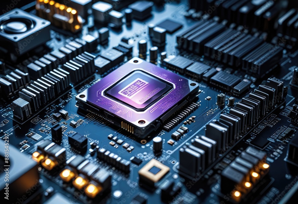 AI chip embedded in a motherboard, with dynamic lighting effects to showcase its advanced capabilities and the forefront of tech innovation. AI chip embedded in a motherboard, with dynamic lighting effects to showcase its advanced capabilities and the forefront of tech innovation.