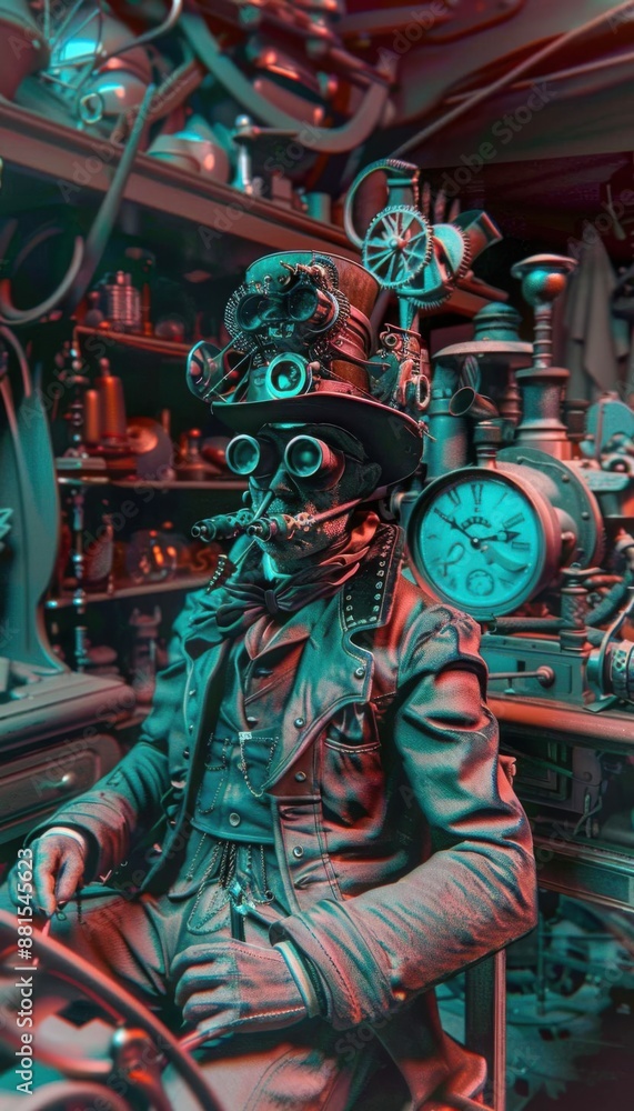 Fototapeta premium This scene in anaglyphic steampunk style Photograph taken by a daguerreotype camera