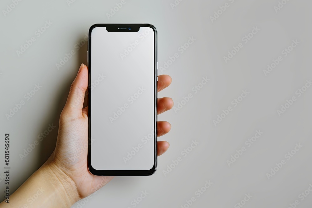 Smartphone mockup on hand with white blank screen created with Generative AI