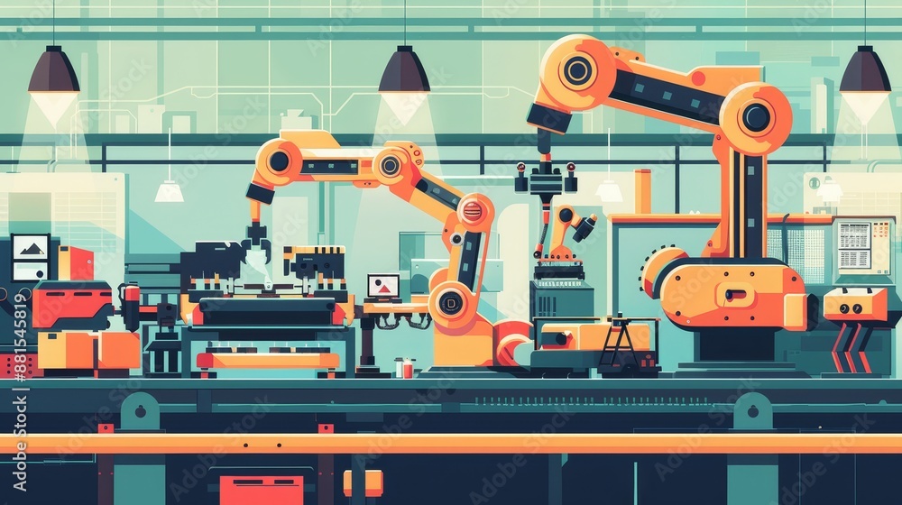 Industrial Automation: Robots Working in a Factory - A futuristic depiction of a factory setting featuring robotic arms engaged in automated manufacturing tasks. - A futuristic depiction of a factory Industrial Automation: Robots Working in a Factory - A futuristic depiction of a factory setting featuring robotic arms engaged in automated manufacturing tasks. - A futuristic depiction of a factory