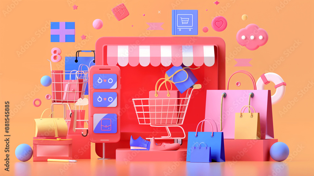 A sleek online shopping interface with pop-up discount notifications and colorful promotional banners A sleek online shopping interface with pop-up discount notifications and colorful promotional banners