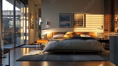 An inviting bedroom featuring a warm atmosphere and a meticulously crafted building block arrangement, highlighted in ultra-high-definition clarity