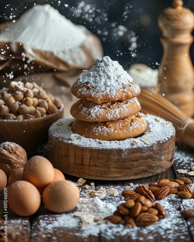 A pile of powdered sugar sits on top of a wooden cutting board