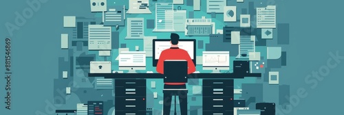 Man Working On Computer With Documents Surrounding Him - An illustration depicting a man working on his computer with many documents surrounding him, representing the vast amount of data and informati photo