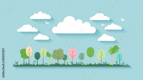 Paper Cutout Forest with Clouds - A flat design illustration depicting a forest with trees, clouds, and birds. The image uses paper cutout techniques, giving it a simple and colorful aesthetic. - A fl