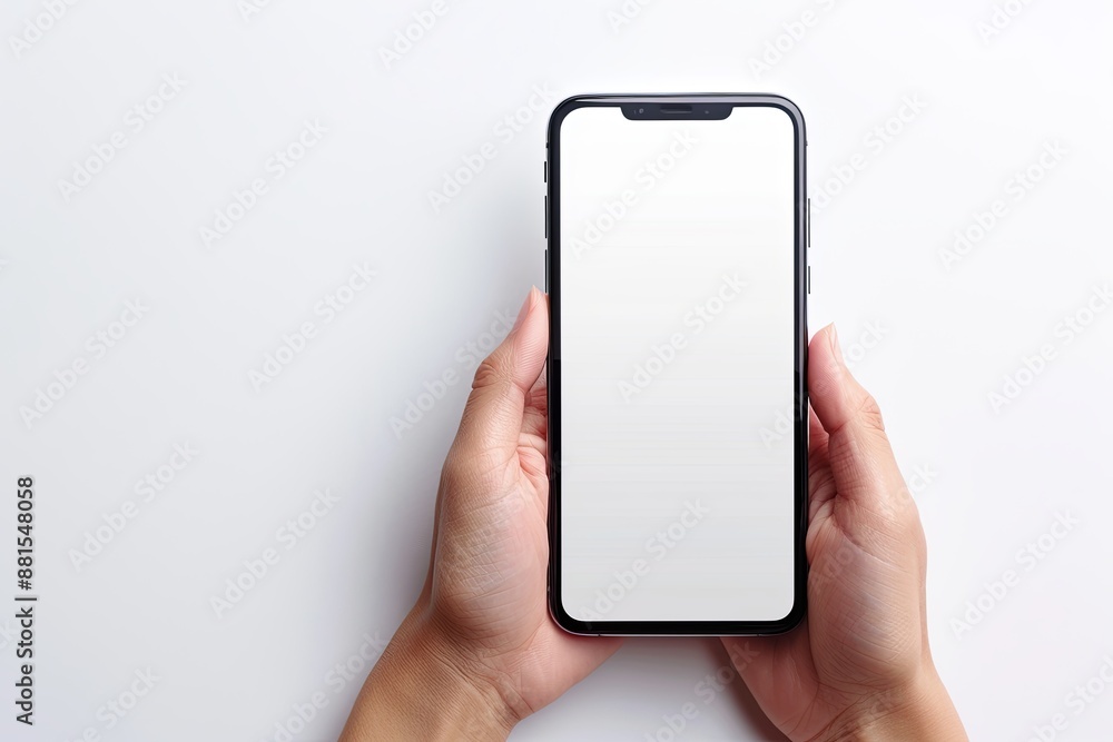 Smartphone mockup on hand with white blank screen created with Generative AI Smartphone mockup on hand with white blank screen created with Generative AI