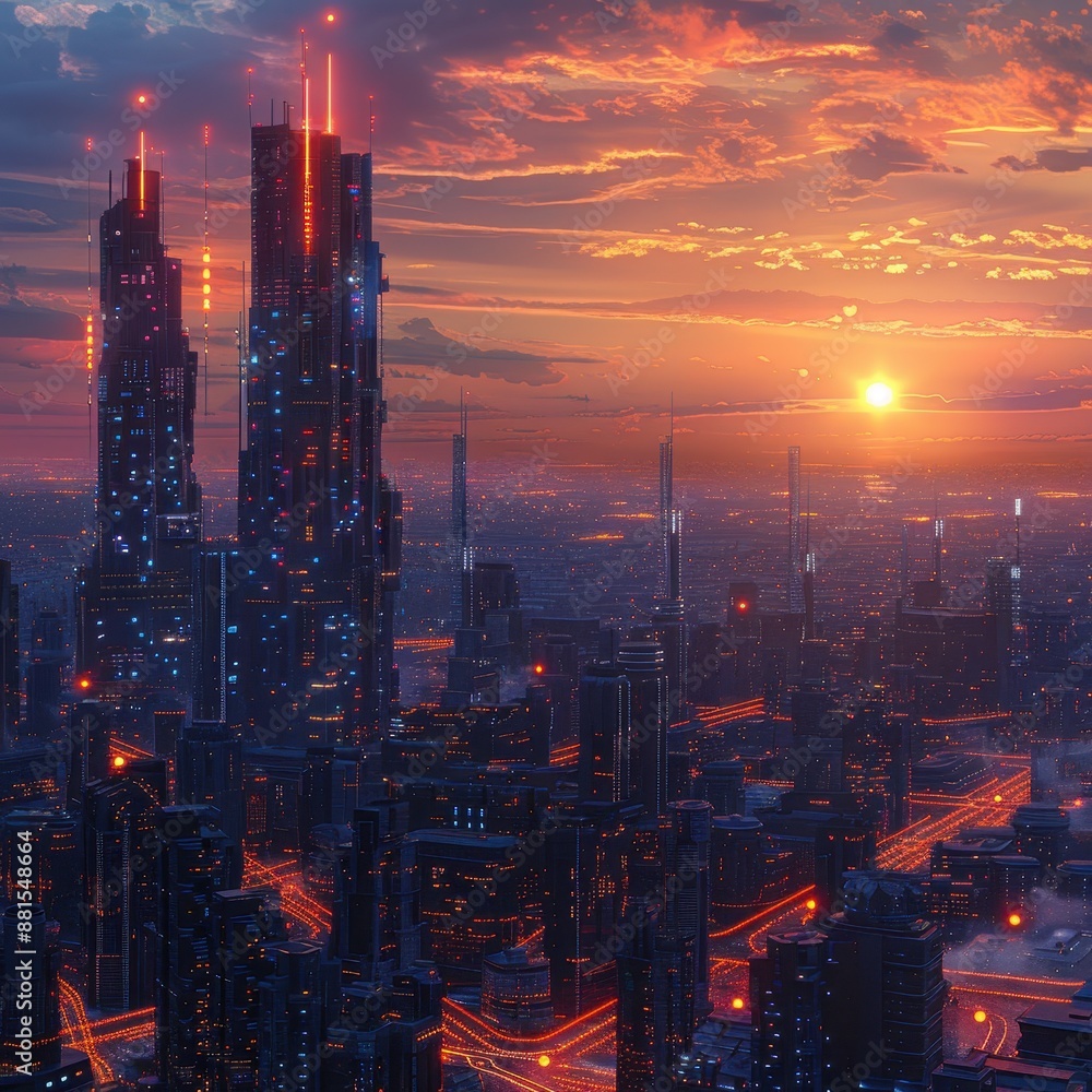 A cityscape with tall buildings and a bright orange sun in the sky A cityscape with tall buildings and a bright orange sun in the sky