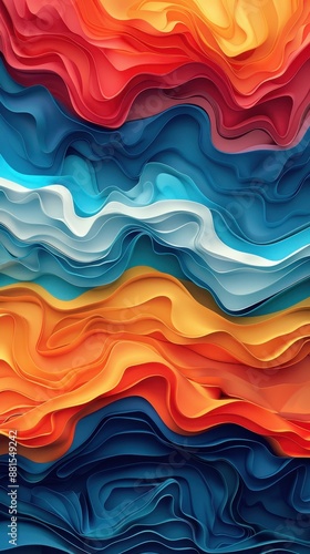 A colorful abstract painting with blue, orange, and white stripes