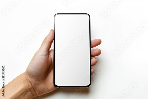 Smartphone mockup on hand with white blank screen created with Generative AI