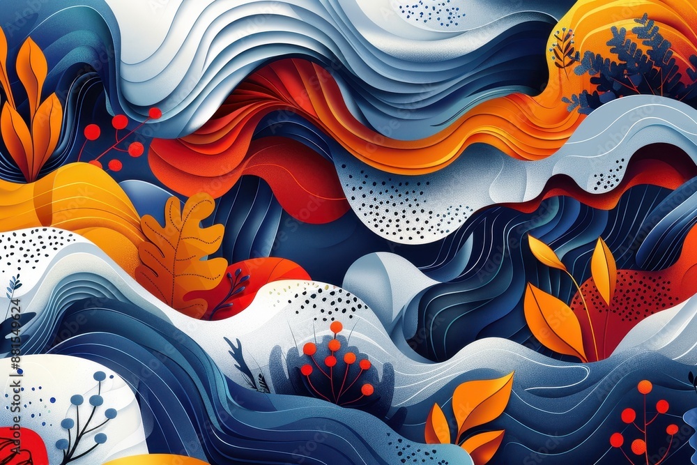 A colorful painting of a wave with leaves and flowers A colorful painting of a wave with leaves and flowers