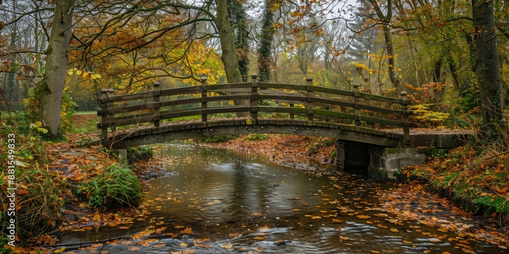 The old wooden or stone bridge crossing a gentle stream, surrounded by trees in their autumn glory The old wooden or stone bridge crossing a gentle stream, surrounded by trees in their autumn glory