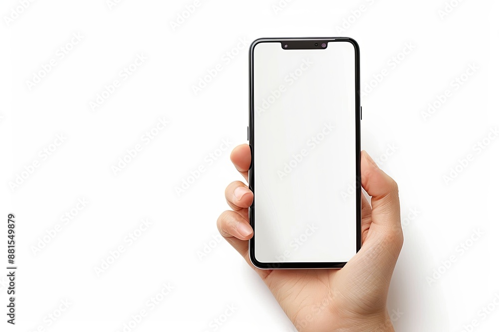Smartphone mockup on hand with white blank screen created with Generative AI Smartphone mockup on hand with white blank screen created with Generative AI