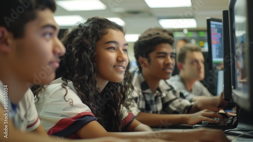 A group of diverse high school students working together in a computer lab, emphasizing collaboration and digital learning in a modern educational setting