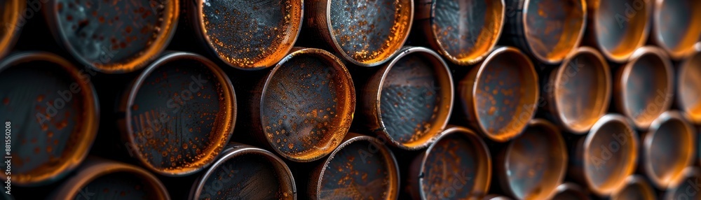 Abstract close-up of rusty industrial pipes arranged in rows, showcasing texture, pattern, and aging metal in warm tones. Abstract close-up of rusty industrial pipes arranged in rows, showcasing texture, pattern, and aging metal in warm tones.
