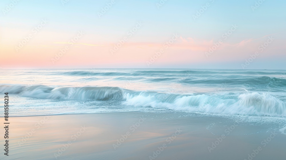 Fototapeta premium Tranquil Ocean Waves at Sunrise - A serene sunrise over the ocean with gentle waves crashing on the sandy shore. The soft pastel colors create a calming atmosphere. - A serene sunrise over the ocean w