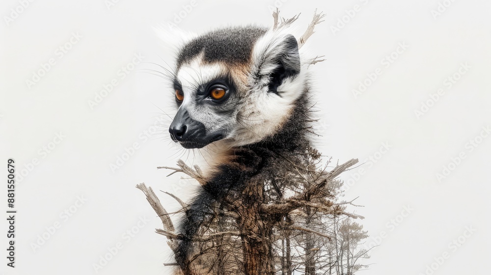Obraz premium Resilience in Nature: Lemur Intertwined with Tree Stumps - Climate Change Double Exposure on White Background, Generative Ai