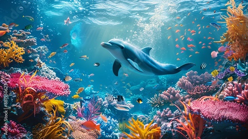 Fototapeta Naklejka Na Ścianę i Meble -  underwater scene of a dolphin swimming around a coral reef, with colorful fish and sea plants in the background