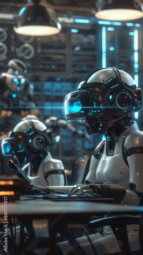 Obraz premium Abstract Wallpaper for Human Resources Recruitment Poster: Futuristic Office with VR Meetings and Smart Robots. Promoting Corporate Culture, Future Technology, and Sustainable Development. Ideal for J