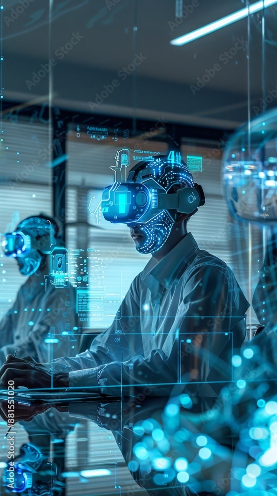 Fototapeta premium Abstract Wallpaper for Human Resources Recruitment Poster: Futuristic Office with VR Meetings and Smart Robots. Promoting Corporate Culture, Future Technology, and Sustainable Development. Ideal for J