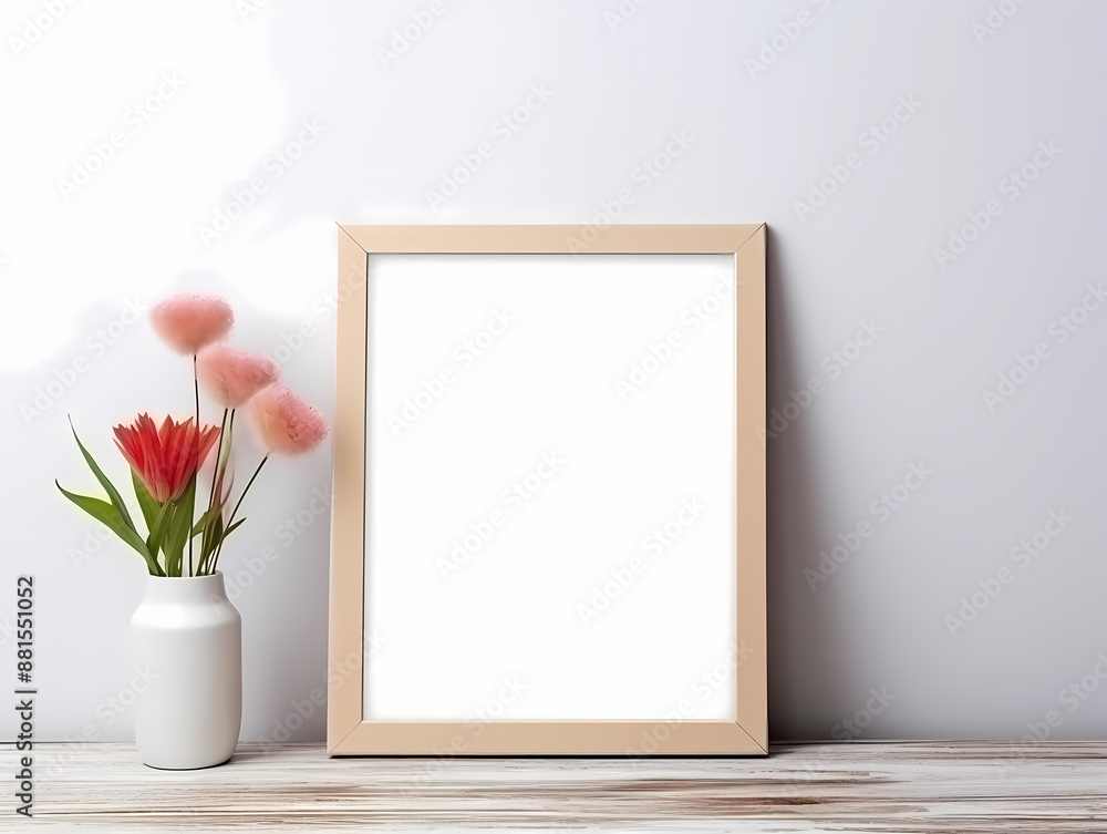 Minimalist photo frame with pink flowers in a vase on a wooden table, against a white wall Minimalist photo frame with pink flowers in a vase on a wooden table, against a white wall