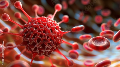 close-up view of a red blood cell, showing its smooth, concave surface and vibrant red color, with microscopic details of its structure, providing ample copy space for text photo