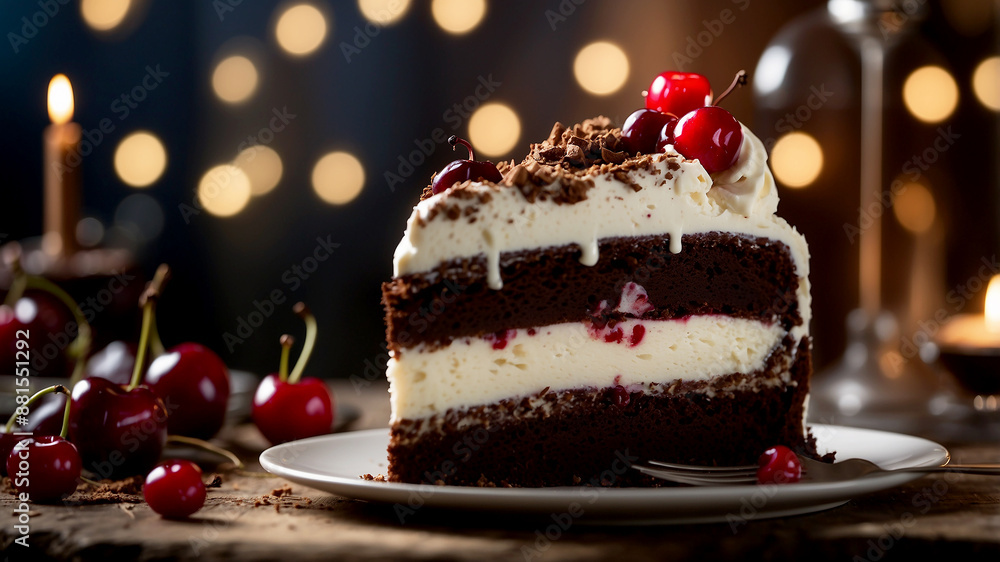 Indulgent Slice Show a close-up of a fork cutting into a slice of Black Forest Cake, lifting a perfect bite with visible layers of cake Indulgent Slice Show a close-up of a fork cutting into a slice of Black Forest Cake, lifting a perfect bite with visible layers of cake