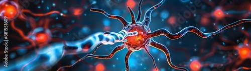 close-up of a nerve cell, focusing on its cell body and axon, with detailed dendritic spines and synaptic terminals, providing clear copy space for text