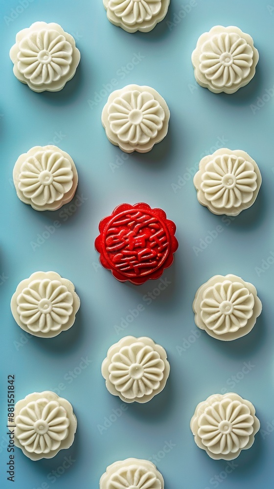 Red Mooncake Leading White Ones on Blue Background A Symbol of Leadership and Self-Growth at Mid-Autumn Festival Red Mooncake Leading White Ones on Blue Background A Symbol of Leadership and Self-Growth at Mid-Autumn Festival