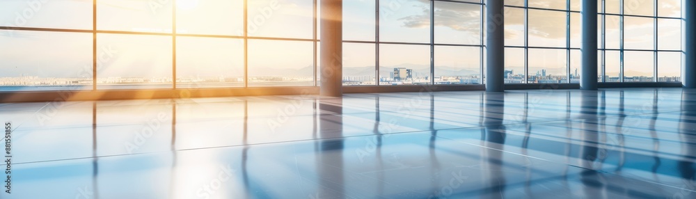 Fototapeta premium Bright and spacious empty modern office interior with large windows and cityscape view, bathed in natural sunlight.