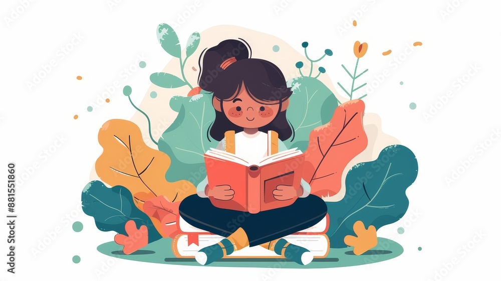 Naklejka premium Young Girl Reading Book in Nature - A cute illustration of a young girl sitting on a pile of books reading a book surrounded by green leaves and flowers. - A cute illustration of a young girl sitting 