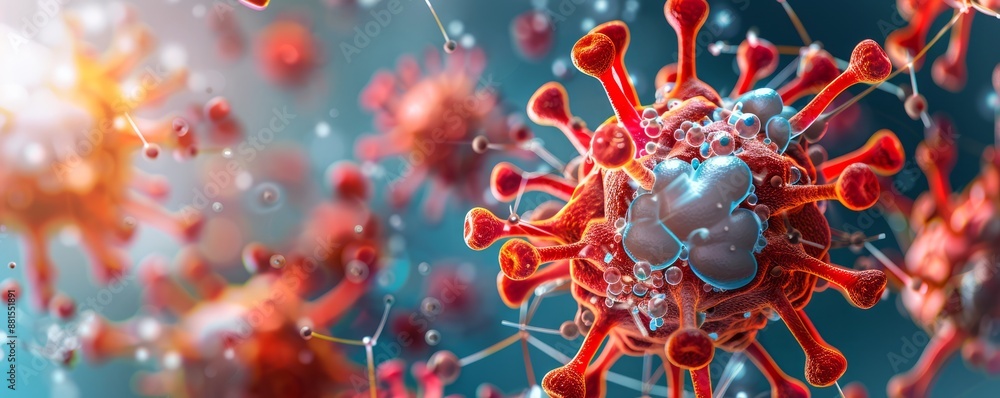 close-up of an adrenal cell, focusing on its polygonal shape and hormone production, with detailed cytoplasmic inclusions, providing clear copy space for text close-up of an adrenal cell, focusing on its polygonal shape and hormone production, with detailed cytoplasmic inclusions, providing clear copy space for text