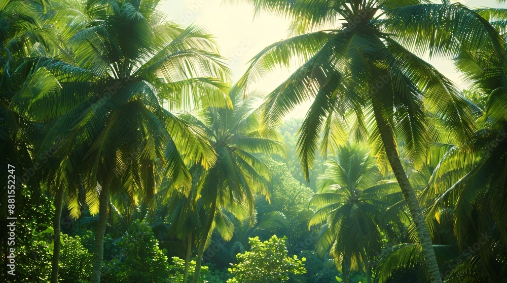 a scenic view of coconut trees in a lush, green environment, creating a serene atmosphere of outdoor tranquility. a scenic view of coconut trees in a lush, green environment, creating a serene atmosphere of outdoor tranquility.