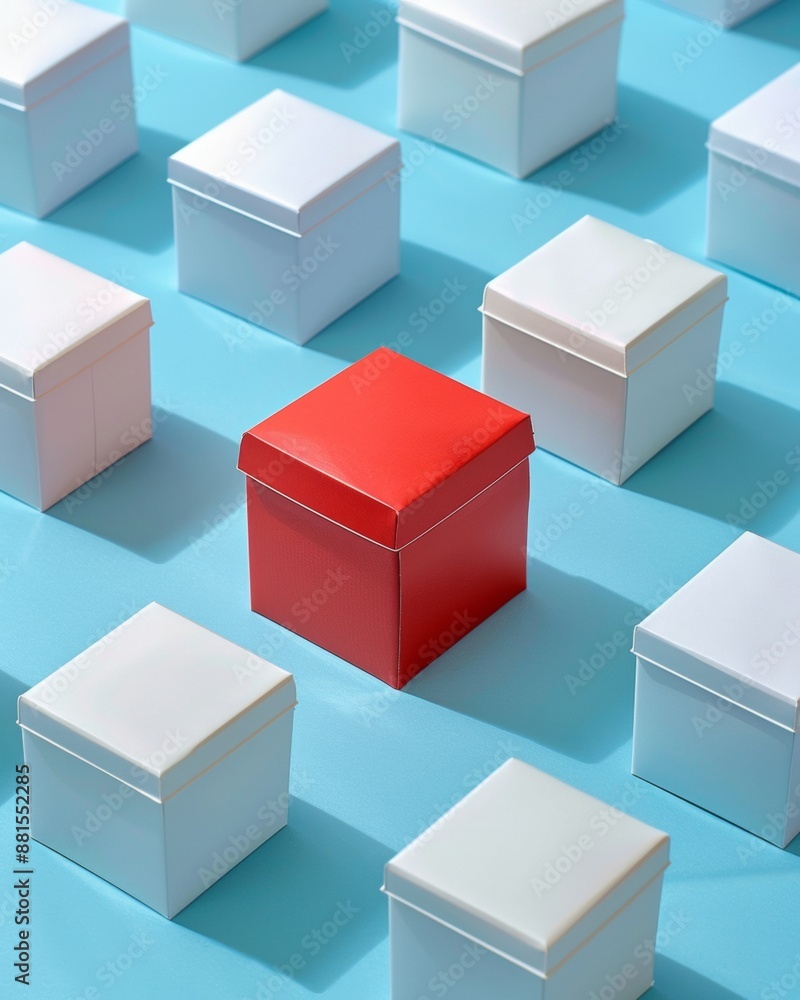 International Day of Charity Concept Red Donation Box Stands Out Among White Boxes on a Blue Background, Symbolizing Leadership and Personal Growth International Day of Charity Concept Red Donation Box Stands Out Among White Boxes on a Blue Background, Symbolizing Leadership and Personal Growth