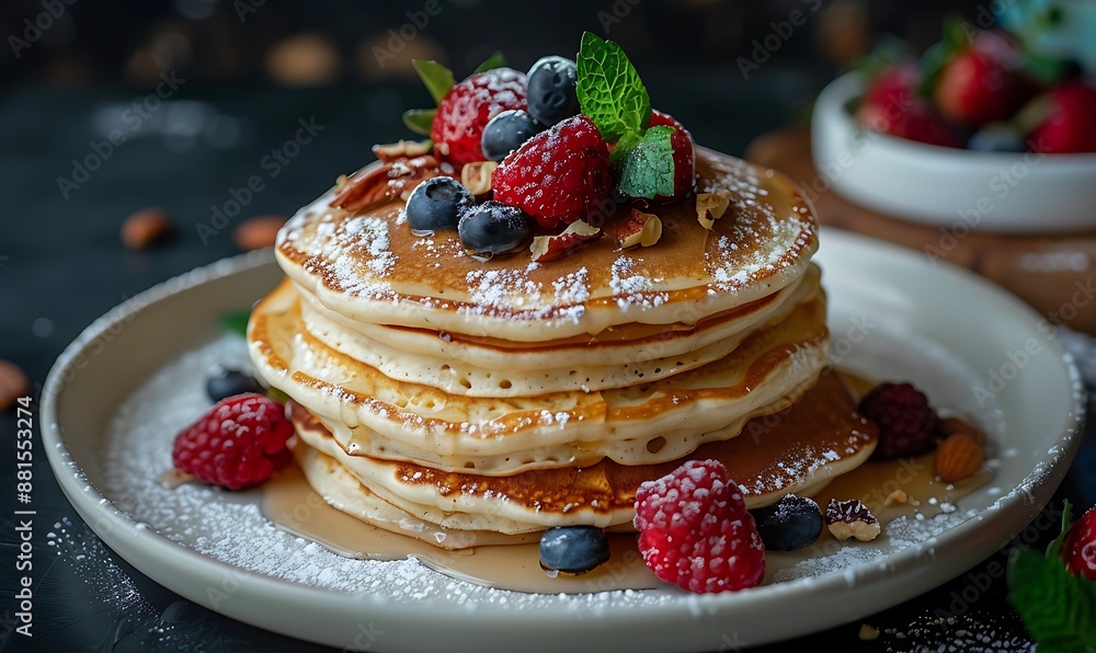 Plate with tasty pancakes and nuts on white marble table, closeup Plate with tasty pancakes and nuts on white marble table, closeup