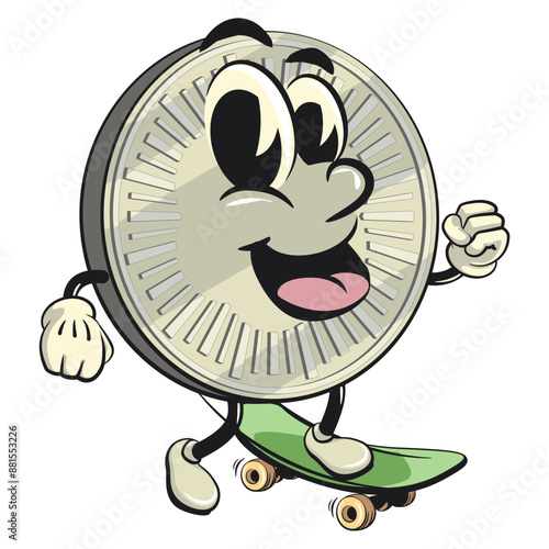 character of a coin money cartoon vector isolated clip art mascot illustration playing skateboarding, work of hand drawn