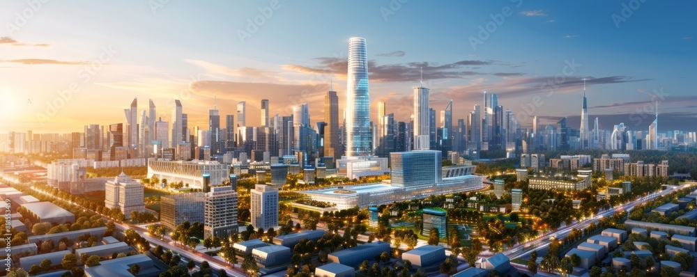 Obraz premium modern city center with state-of-the-art skyscrapers and smart homes, integrated with green spaces and advanced urban planning, offering clear copy space for text