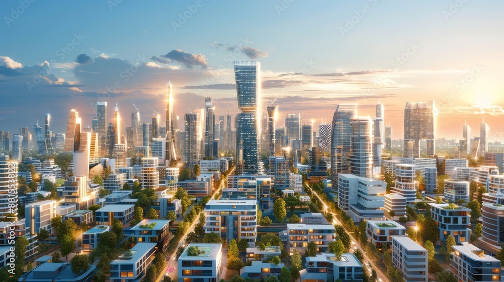 Fototapeta premium futuristic urban scene with cutting-edge skyscrapers and smart homes, emphasizing sustainable living and advanced urban planning, providing ample copy space for text