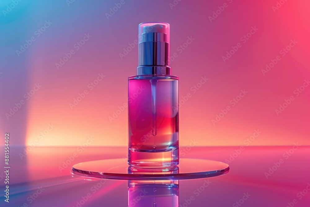 Hi-Tech Elegance: Futuristic Serum Bottle on Reflective Stand with Clear Gradient Backdrop Hi-Tech Elegance: Futuristic Serum Bottle on Reflective Stand with Clear Gradient Backdrop