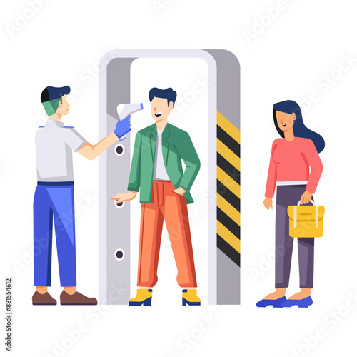 Passengers passing through airport security check, flat illustration 

