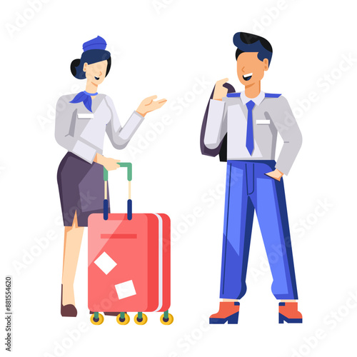A flat character illustration of talking airline staff 

