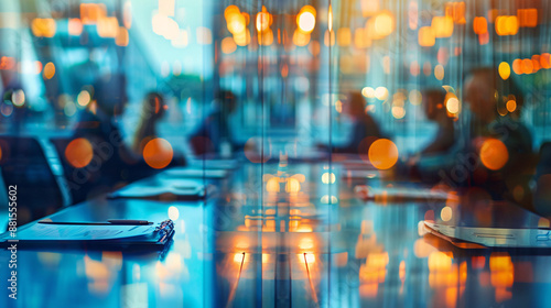 Dehaze office meeting. Beautifully blurred background of bright contemporary office space with panoramic windows stunning lighting. Business office with blurred people formal wear, with blurred bokeh photo