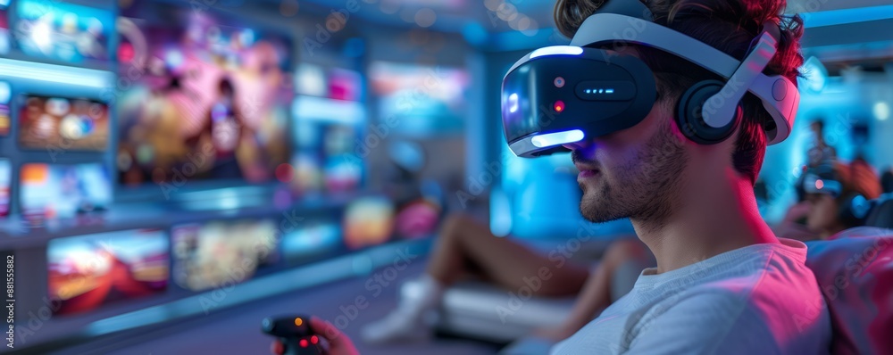 Virtual reality gaming room in a futuristic smart home, highlighting wearable gaming accessories and immersive VR simulations, displaying motion-sensing technology and interactive virtual Virtual reality gaming room in a futuristic smart home, highlighting wearable gaming accessories and immersive VR simulations, displaying motion-sensing technology and interactive virtual