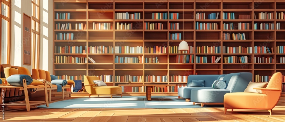 Flat design illustration of a peaceful library with wooden-texture background and 3D elements. The scene includes bookshelves, reading tables, and cozy seating areas, creating an ideal environment Flat design illustration of a peaceful library with wooden-texture background and 3D elements. The scene includes bookshelves, reading tables, and cozy seating areas, creating an ideal environment