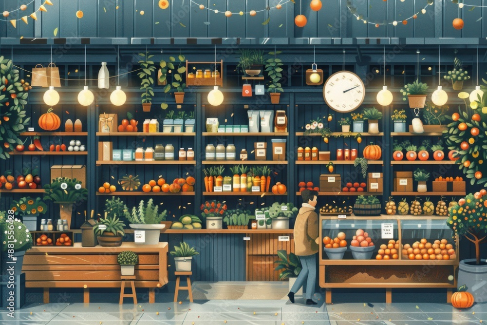 Flat design illustration of a lively market scene with wooden-texture background and 3D elements. The market includes various stalls, fresh produce, and bustling activity, creating a vibrant